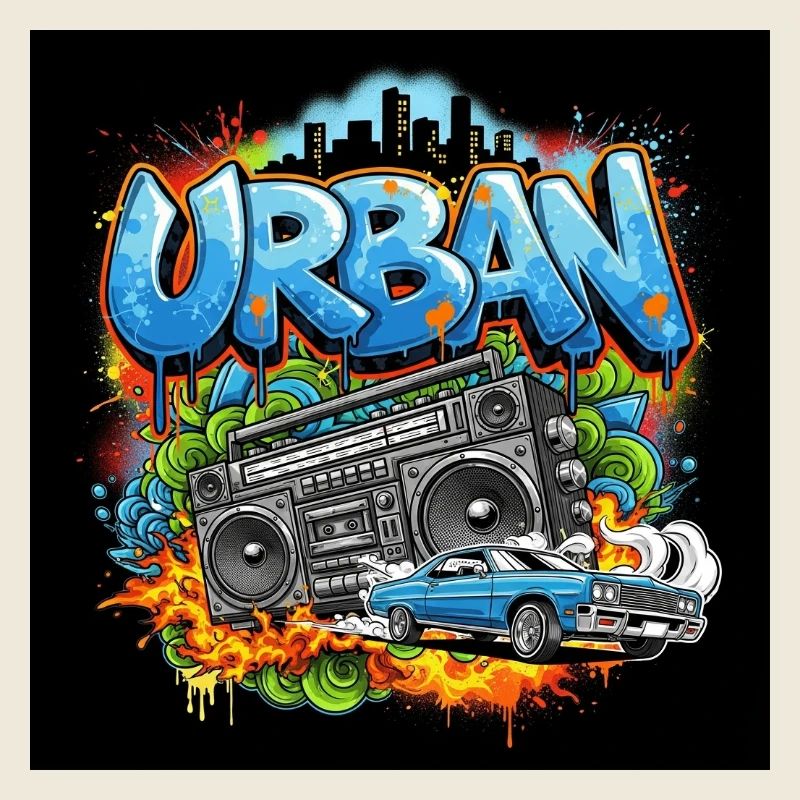 Graffiti urbain avec boombox et voiture