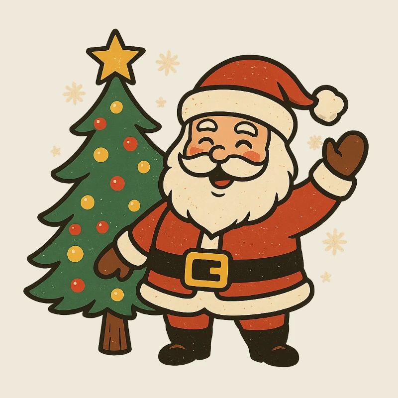 Fröhlicher Weihnachtsmann neben Baum