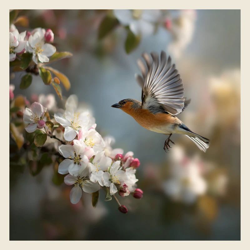 Frühlingssperling im Blütenflug