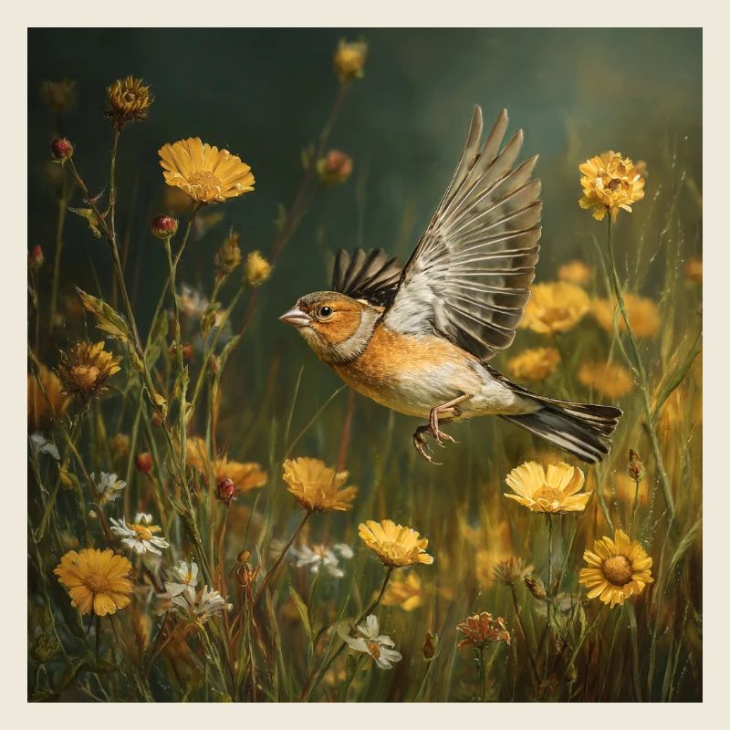 Pinson dans une mer de fleurs Vol à travers la journée d’été