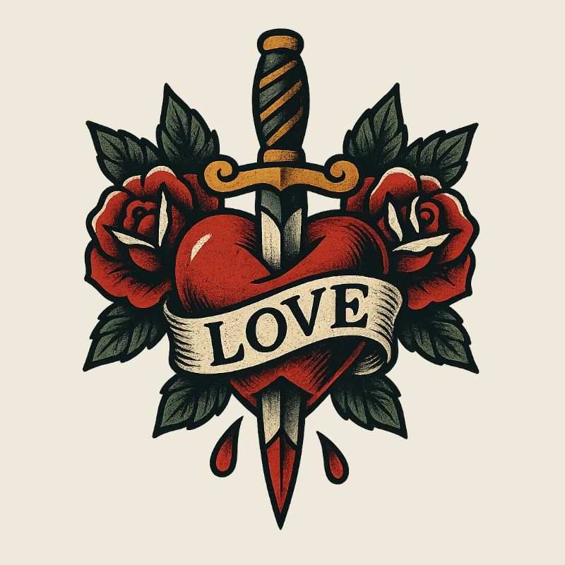 Heart Dagger Tattoo with Roses