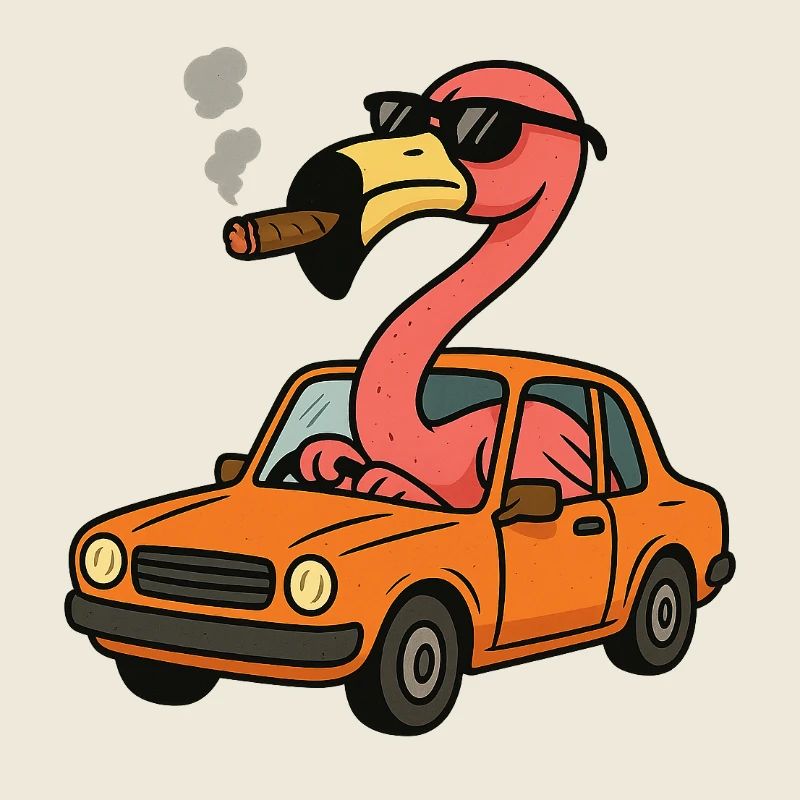 Flamingo in an Orange Car