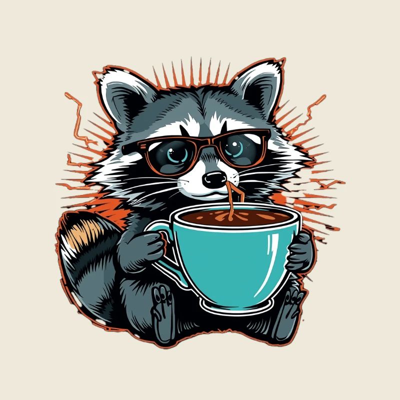 Overwhelmed raccoon with coffee