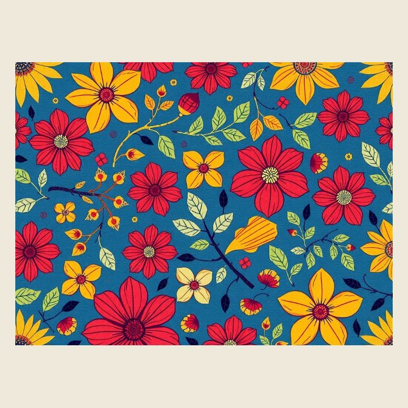 Blumiges Muster mit Rot und Gelb auf Blau