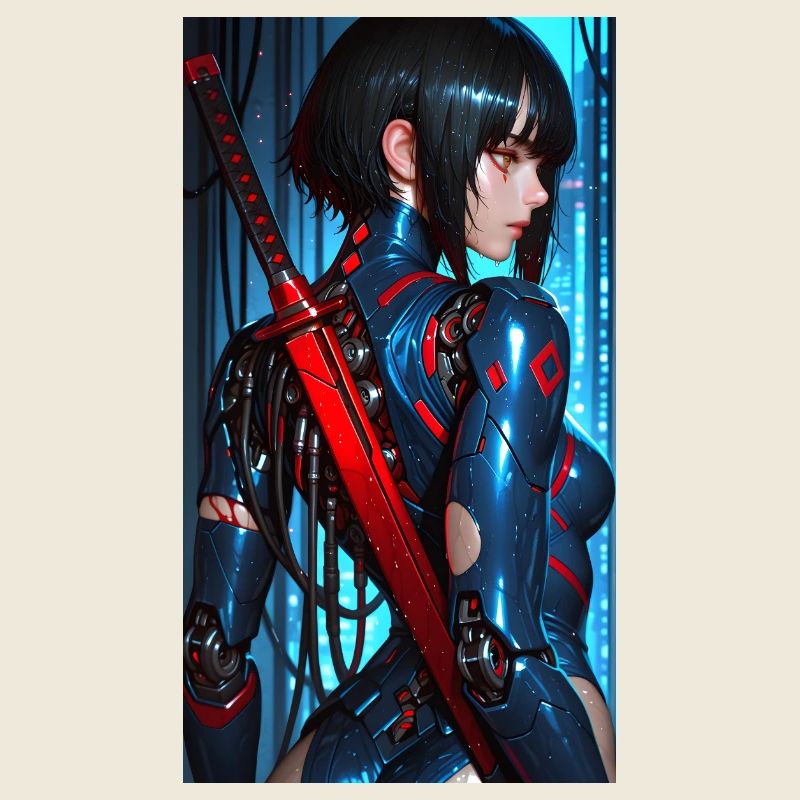 3D Blau/Rot Cyberpunk-Samurai-Kriegerin mit Katana
