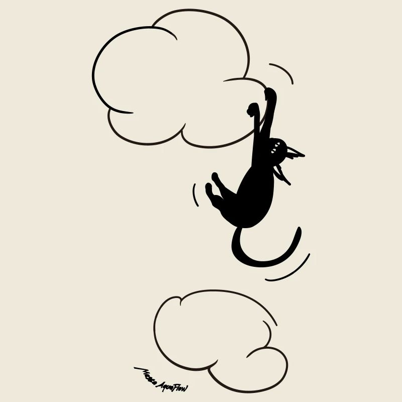 Chat noir suspendu à un nuage.