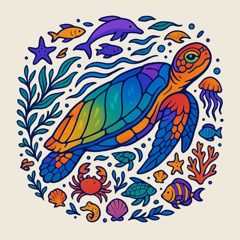 Farbenfrohe Meerestiere – Schildkröte & Ozean