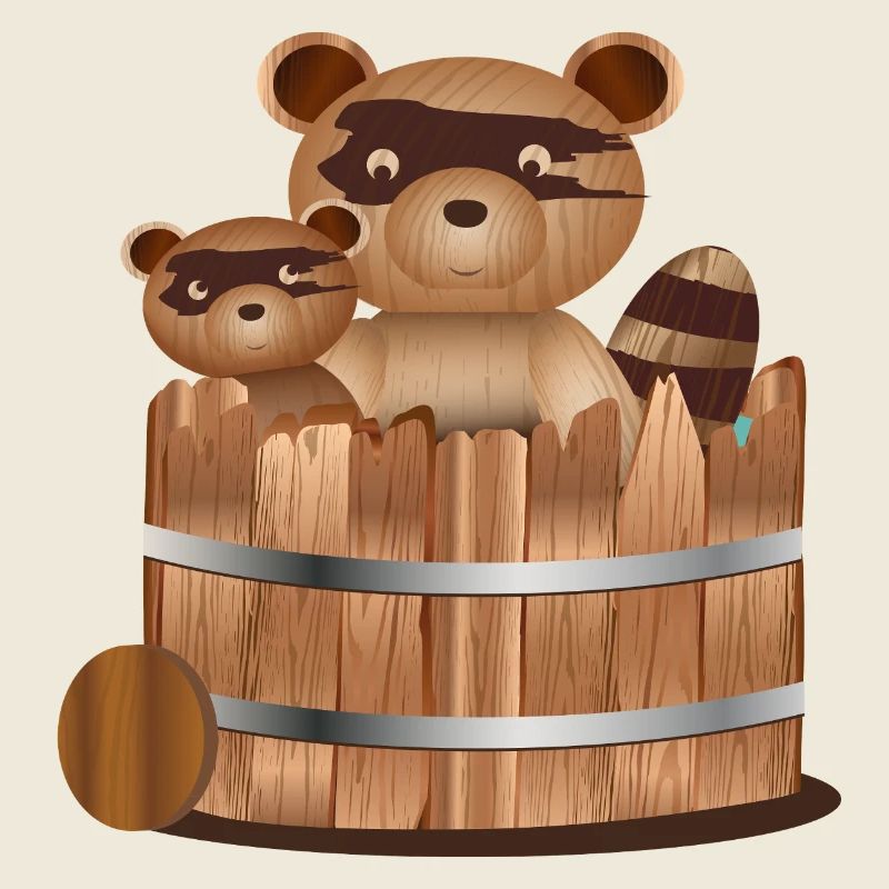 Illustration aspect bois – ratons laveurs dans la baignoire