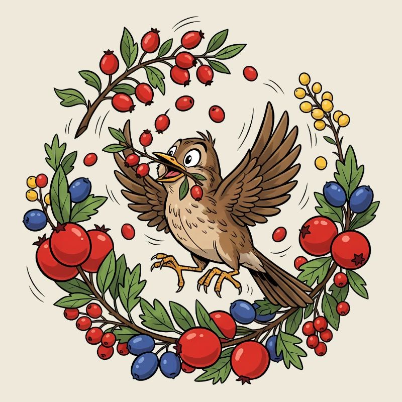 Cheerful bird in a berry wreath