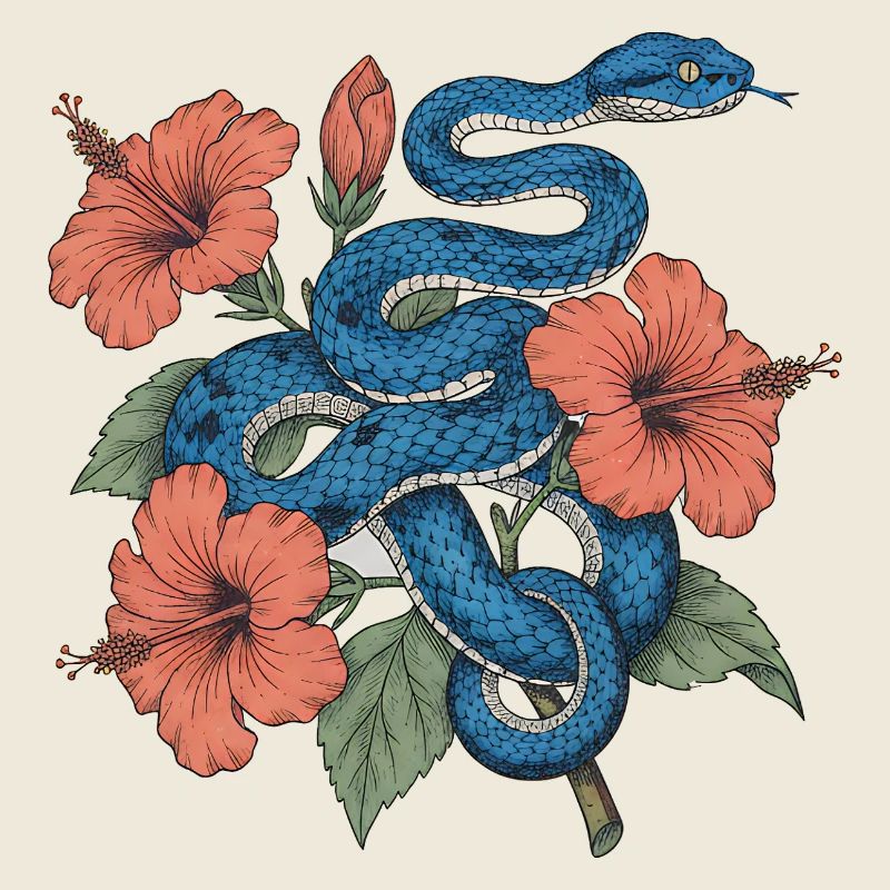Azure Serpent Amid Hibiscus