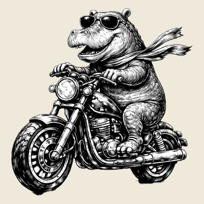 Krokodil auf Motorrad Schwarzweiß