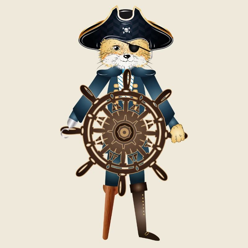 A fox as pirate captain with wooden leg & hook