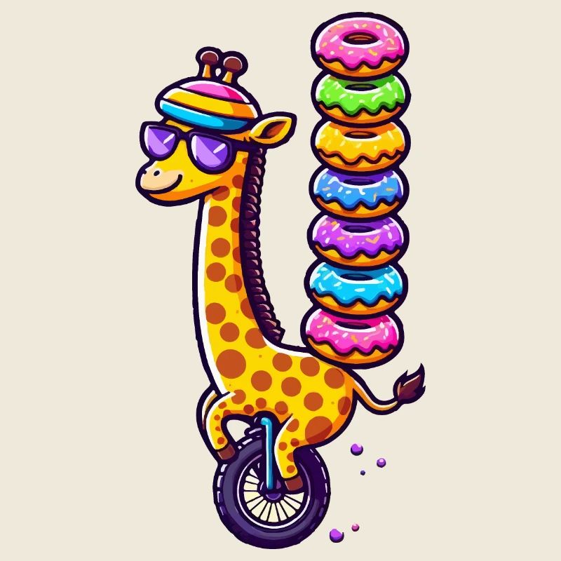 Giraffe auf einem Einrad mit bunten Donuts