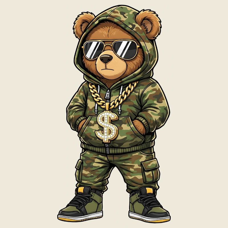 Camo Teddy Bear with Gold Chain