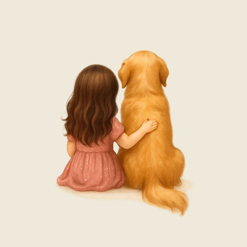Kleines Mädchen mit Golden Retriever – Aquarell
