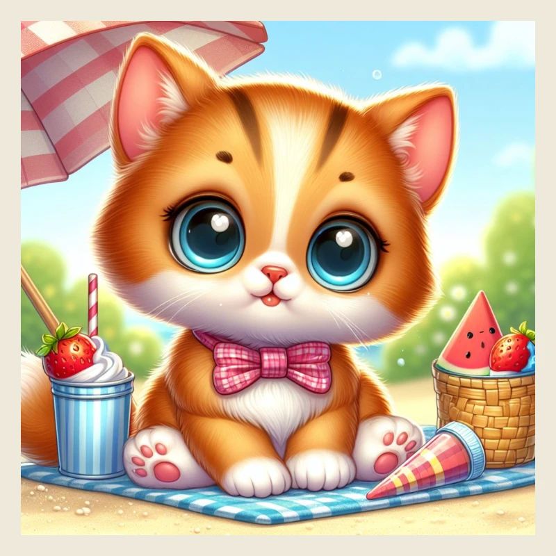 Cute summer kitten/towel beach with snacks