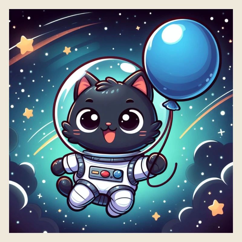 Space Kitty with blue balloon in space