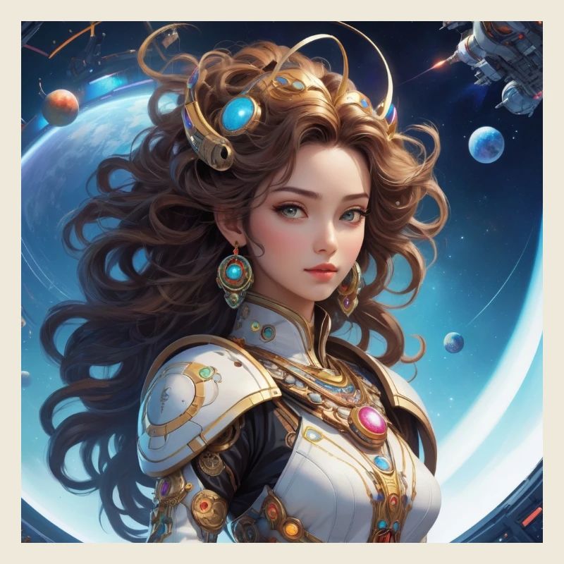 La reine de l’espace sur fond de planètes