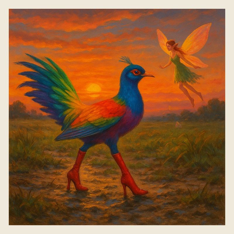 Vogel in Higheels mit Elfe