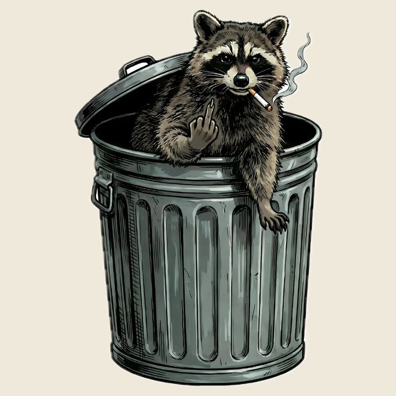 Trash PandaFrecher Waschbär im Mülleimer Zigarette