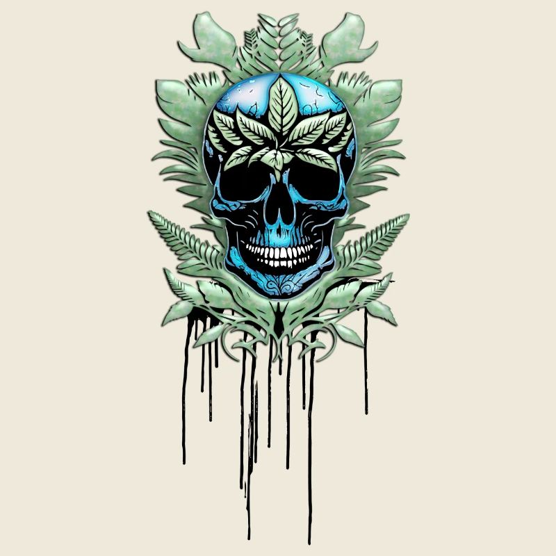 Élégant crâne décoratif bleu avec feuilles.