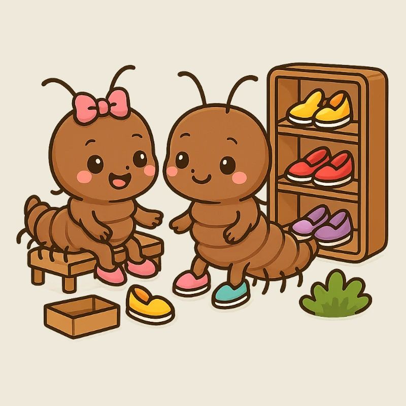 Deux mille-pattes achètent de nouvelles chaussures ensemble
