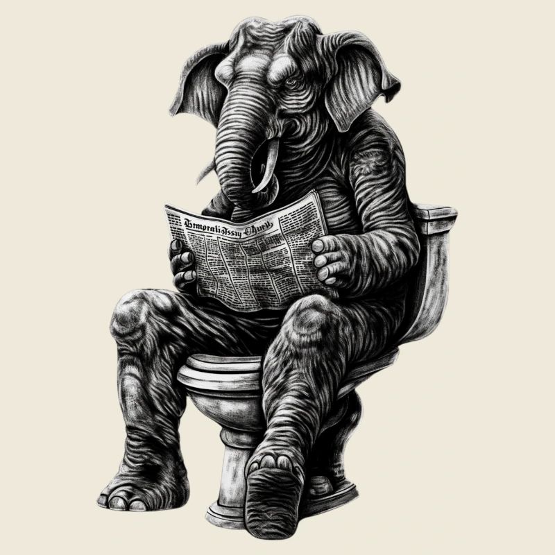 Éléphant sur les toilettes avec du journal – noir et blanc