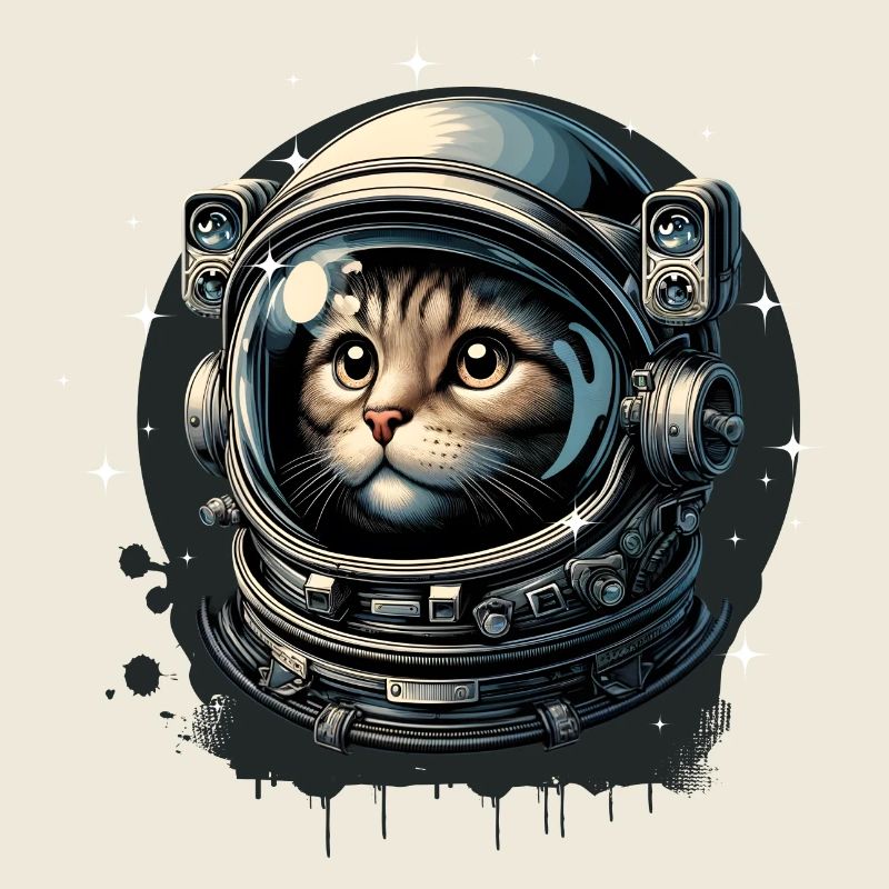 Eine Katze mit Astronautenhelm im Weltraum