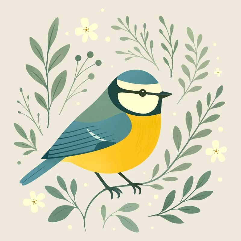 Blaumeise und Blüten