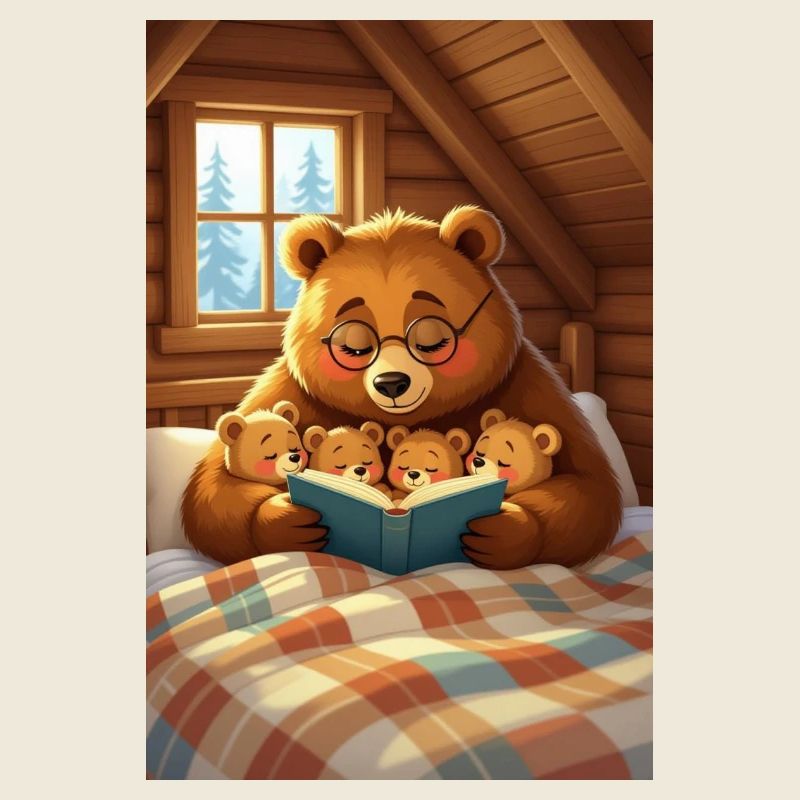 ours lisant avec petits ours en intérieur