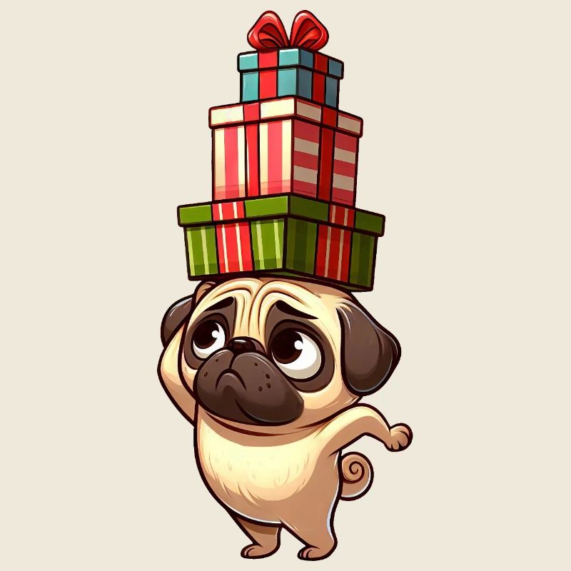 Lustiger Mops balanciert Weihnachtsgeschenke