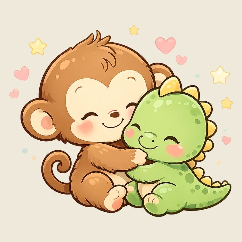 Cute Monkey & Baby Dino Cuddle