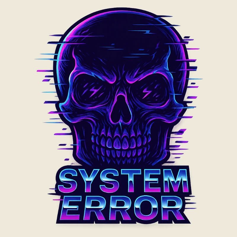 Neon Glitch Schädel mit Systemfehlertext