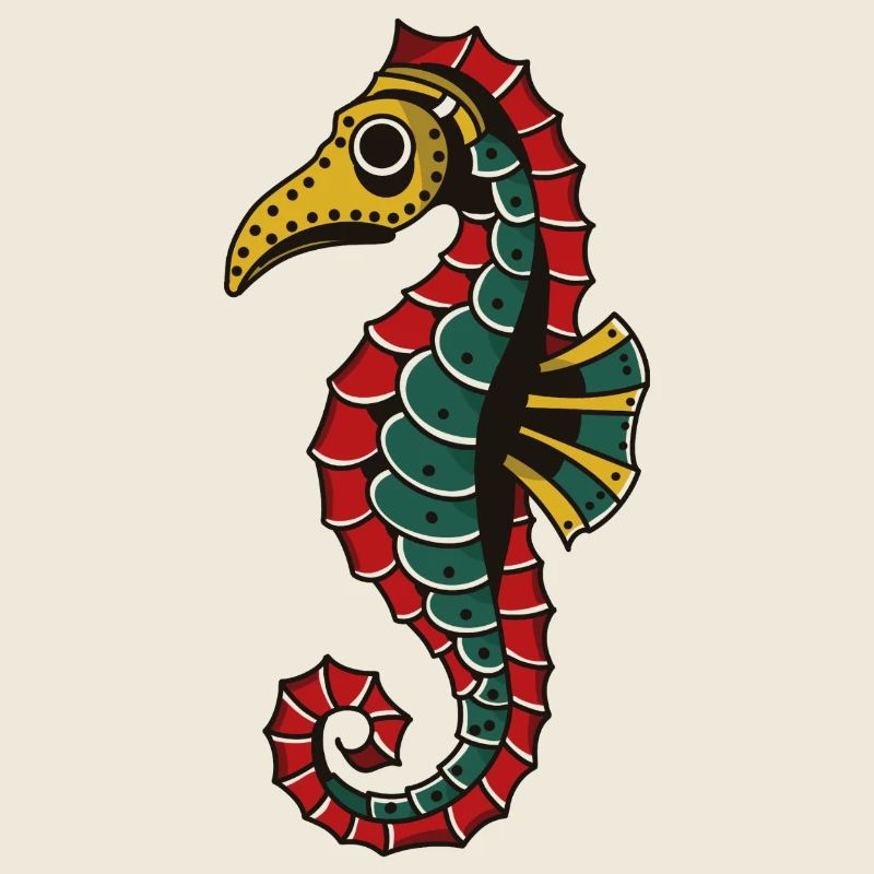 Seepferdchen mit Pestmaske – Tattoo Stil