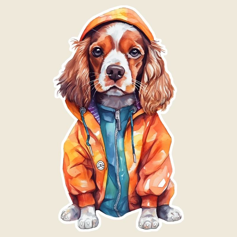 Funny spaniel in dog clothes.