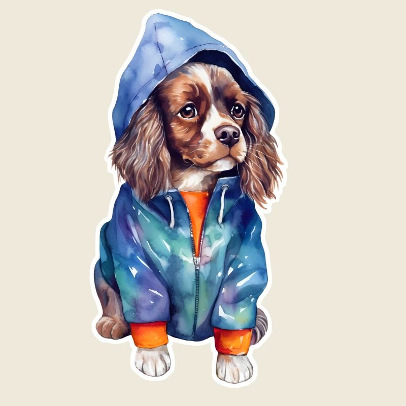 Funny spaniel in dog clothes.