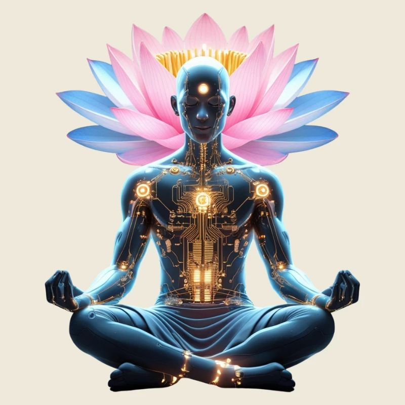 Zen-Cyborg und Leuchtende Lotusblume