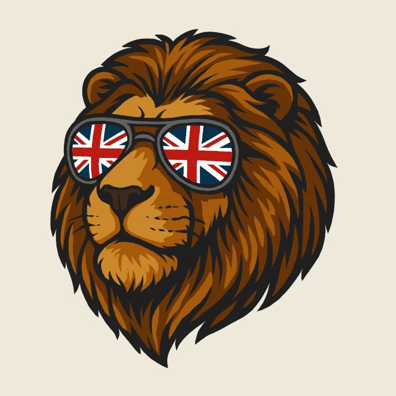 Lion avec le drapeau britannique dans des lunettes