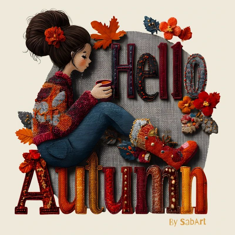 Hello Autumn – Gemütliches Herbstmädchen mit Kaffee, Blumen