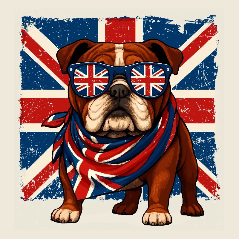 Bouledogue britannique avec lunettes de soleil Union Jack