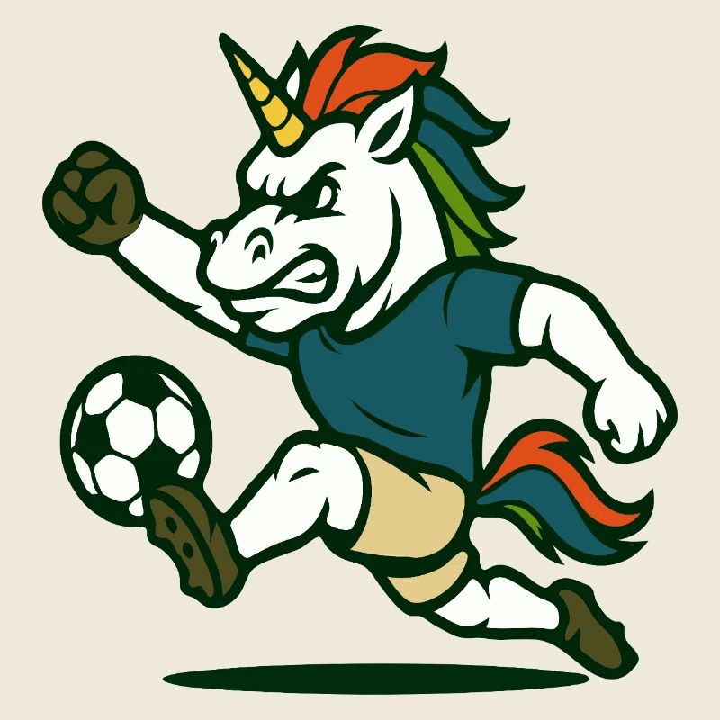 Unicorn Soccer Maskottchen kickt mit Kraft