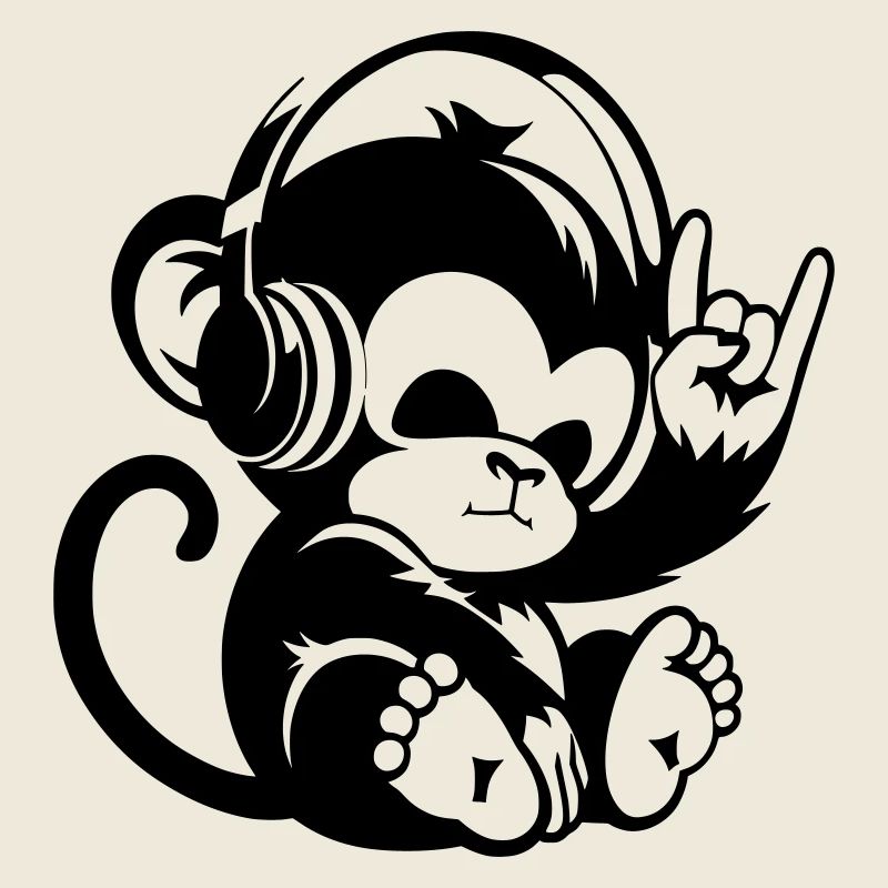 Singe de pierre avec écouteurs et signe de la main de pierre