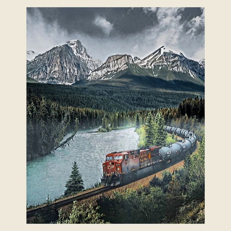 Train ride through mountain landscapes, Canada