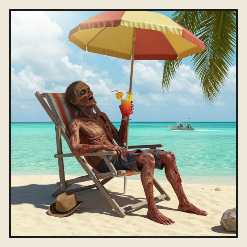 Zombie on the beach with cocktail