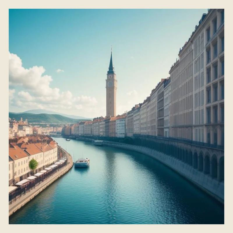 Clock Tower and European Urban Canal