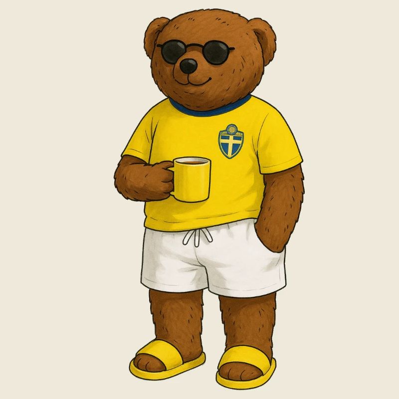 Swedish Strandbär with Sunglasses and Coffee Cup