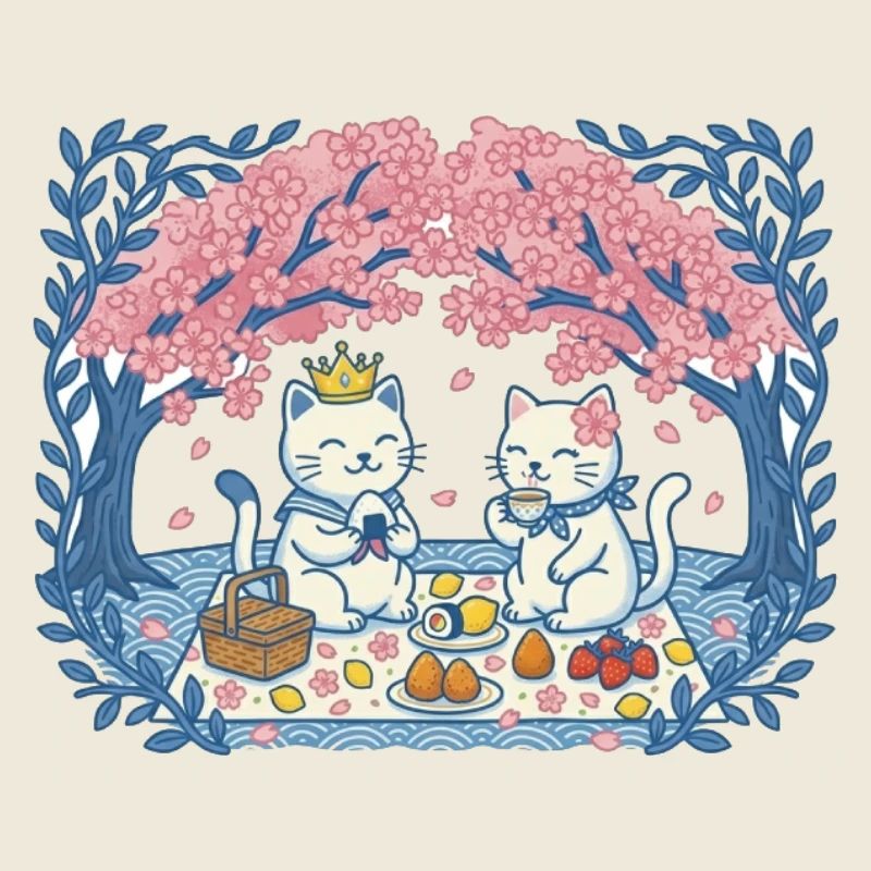 Real cats on picnic between sakura