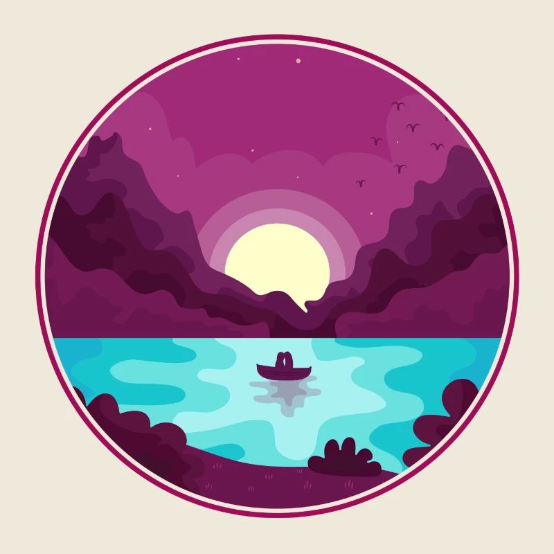 Bateau avec deux sur le lac au coucher du soleil