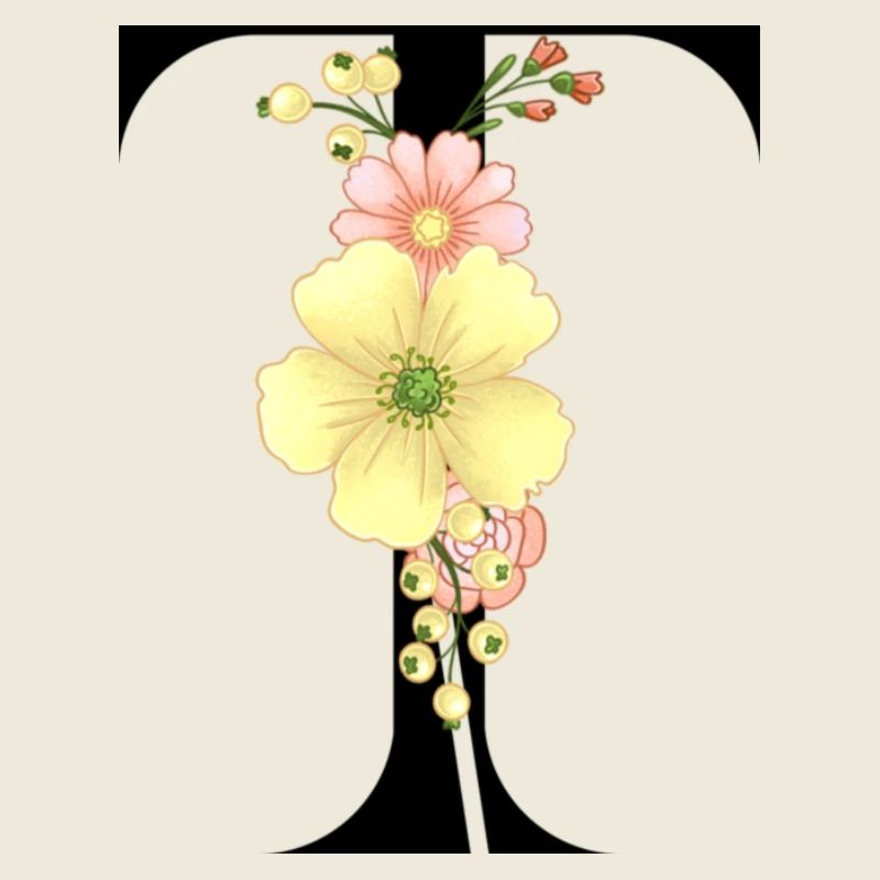 Elégante lettre 'T' avec des fleurs