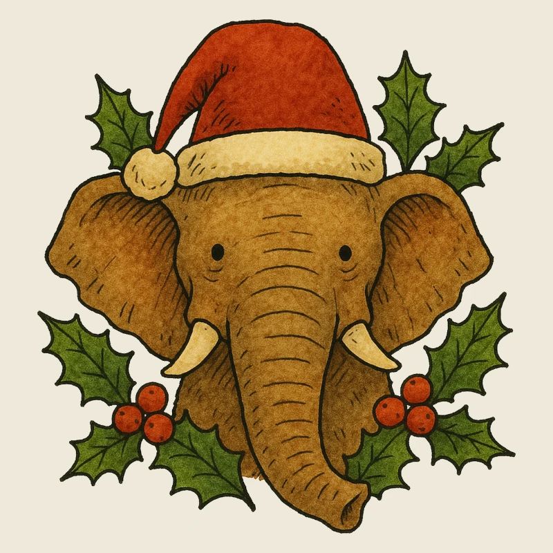 Weihnachtselefant mit Stechpalme und Weihnachtsmütze